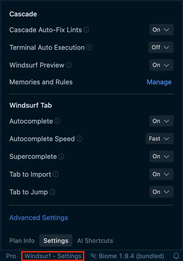 Windsurf - Settings