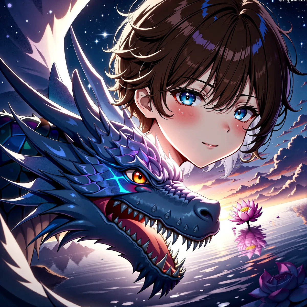 Anime Illustration of A close-up portrait of a young girl and colorful dragon