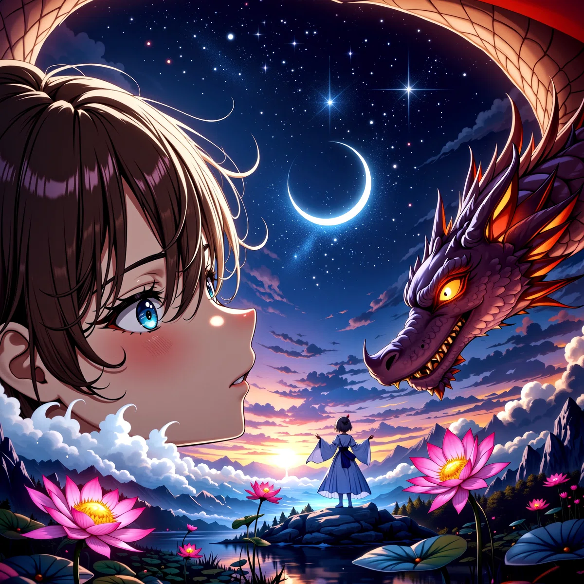 Anime Illustration of A fantasy scene featuring a girl and a dragon looking each other