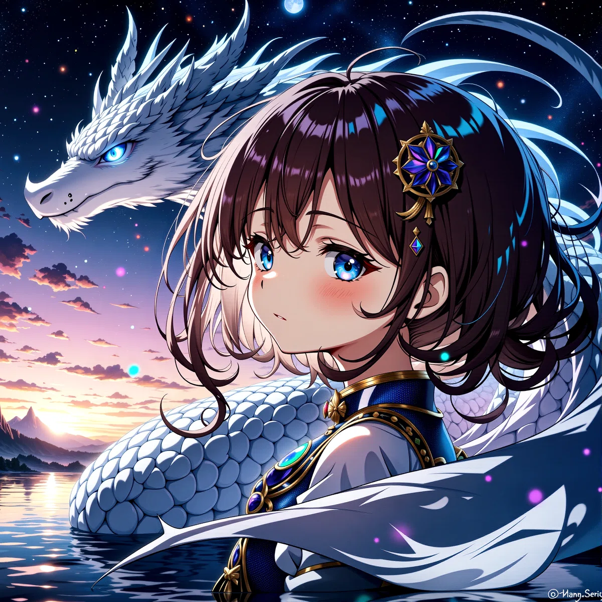 Anime Illustration of A fantasy scene featuring a girl and a dragon at lake