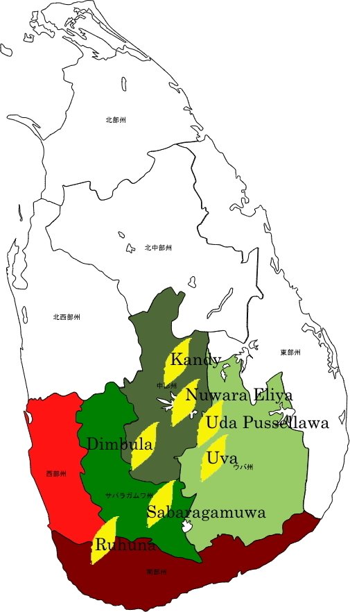 Ceylon teaの代表的な産地の地図