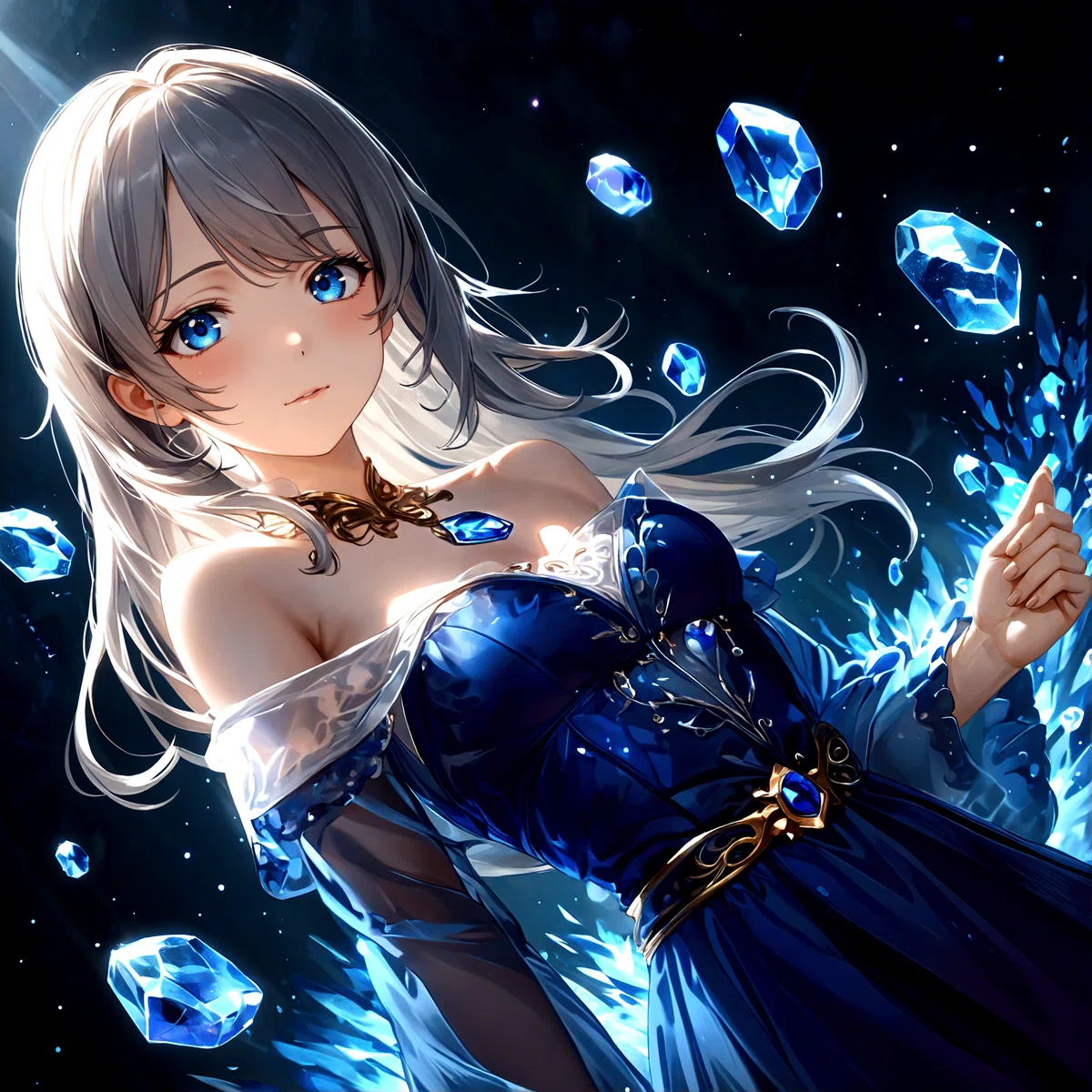 Anime Illustration of A woman with long white hair and blue eyes in a dark blue dress