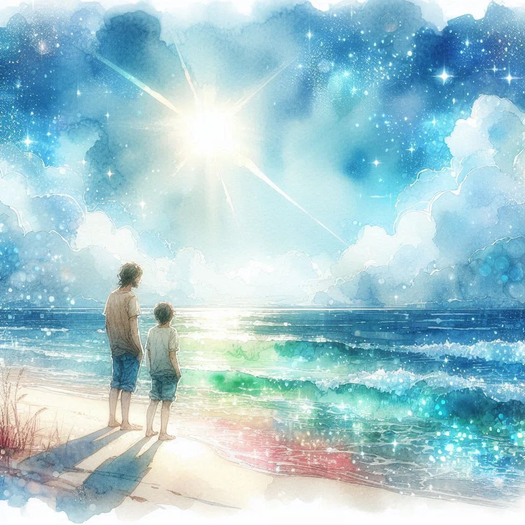 幻想的な水彩画。海辺に佇む父と10歳の息子。太陽に光る、打ち寄せる波と空には満点の星、ふしぎな風景。