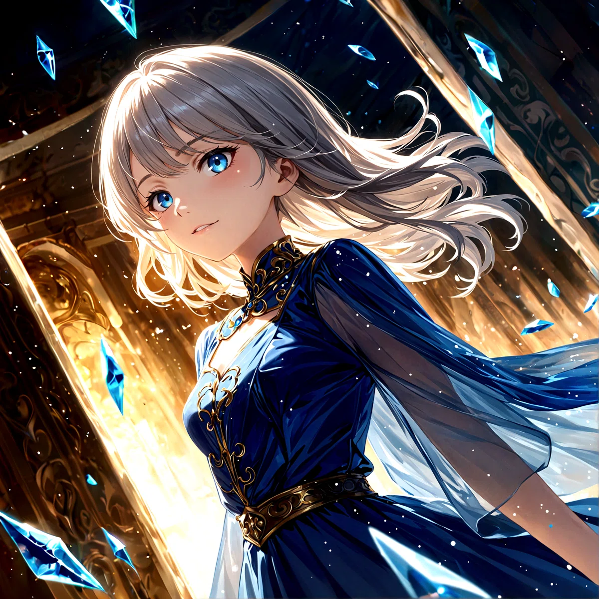 a female animated character with silver hair and blue eyes stands in a grand room with intricate designs surrounded by floating blue crystals wearing a dark blue dress with gold accents