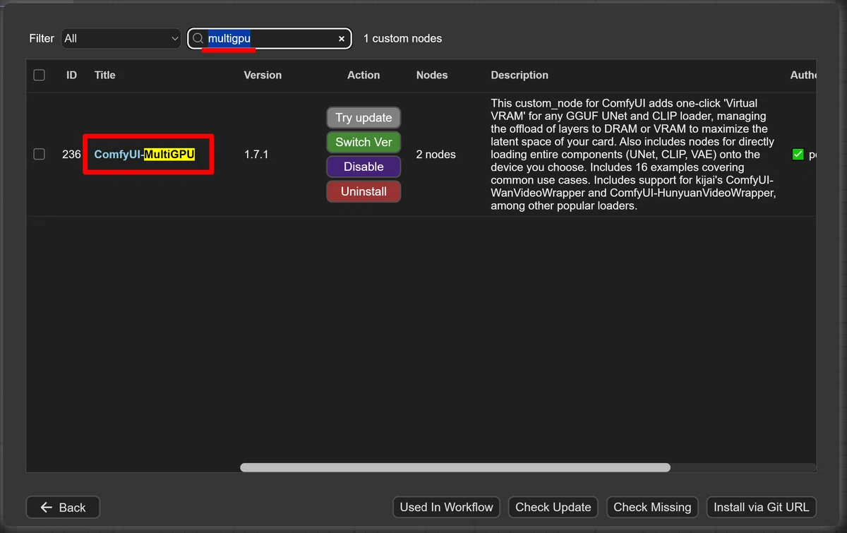 Search screen for multigpu of custom nodes in comfyui manager with comment