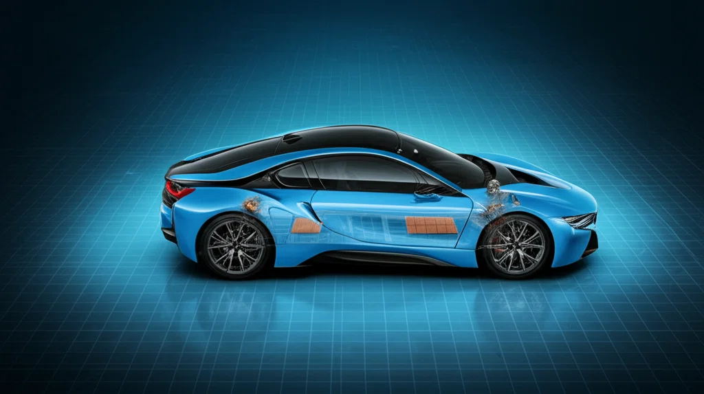 BMW i8の外観とバッテリーシステムの図解
