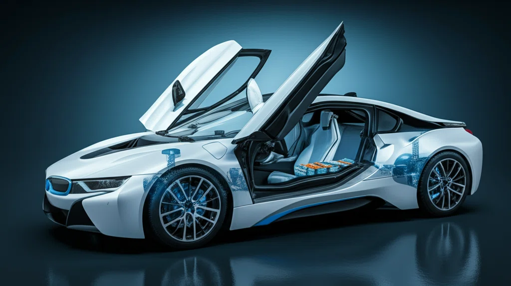 BMW i8の外観と内部バッテリーシステムのイメージ