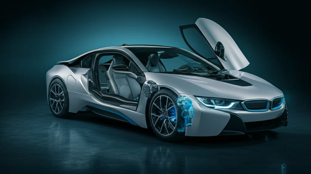 BMW i8の外観と内部バッテリーシステムの対比