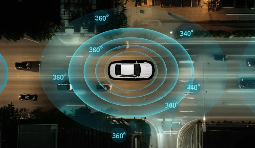 メルセデスベンツの先進安全技術を示す車両周辺のセンサー検知範囲の可視化