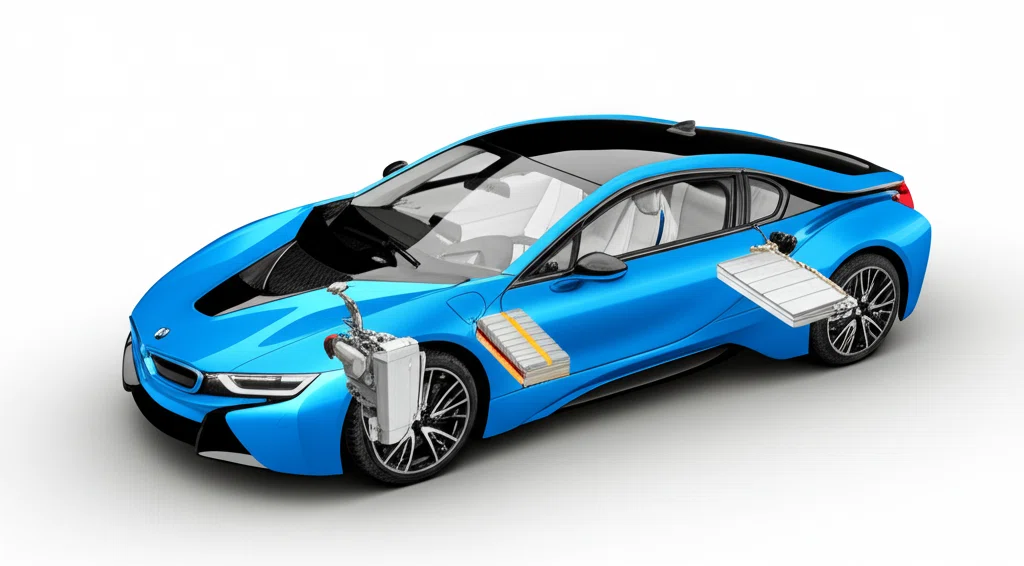 BMW i8の外観とハイブリッドシステムの概念図