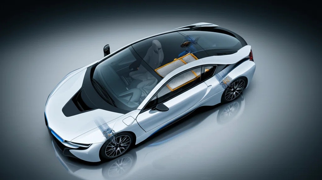 BMW i8の外観とバッテリーシステムの図解
