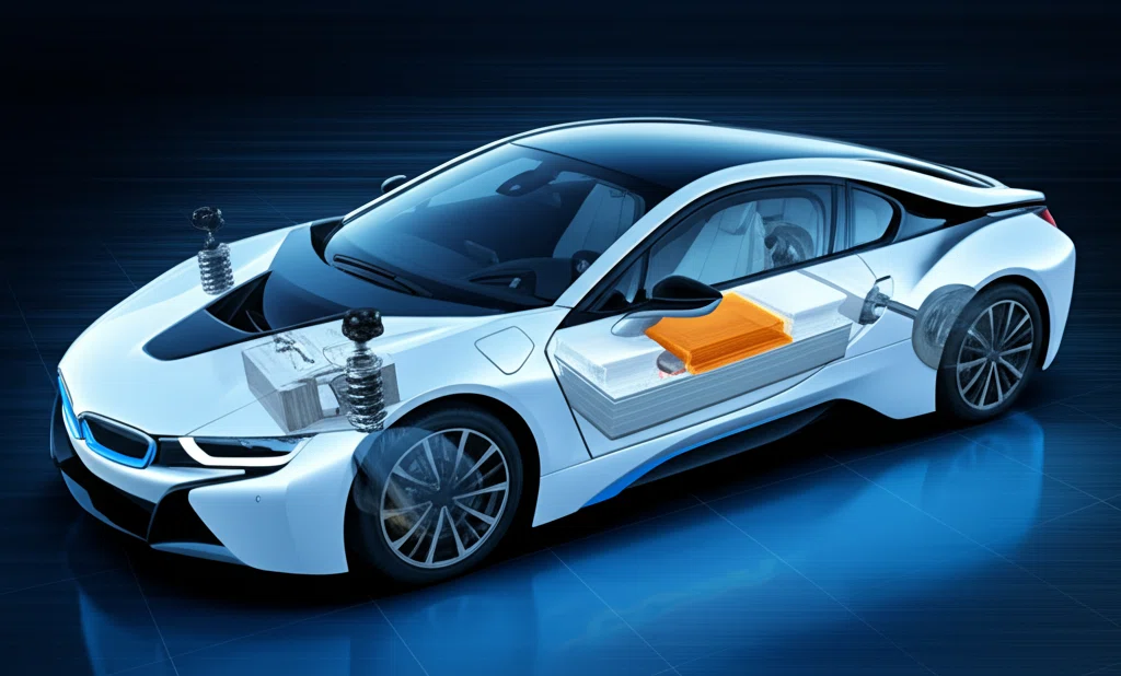 BMW i8の外観とハイブリッドシステムの構成図