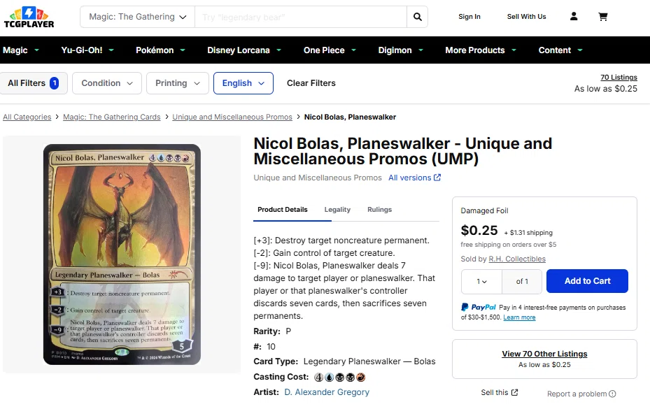 プレインズウォーカー、ニコル・ボーラス》のプロモーションカード