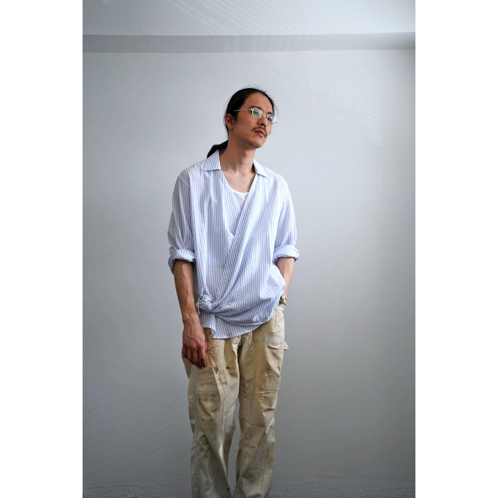トップス Bourrienne Paris X SALVAGE SEERSUCKER Blue and White Striped Wrap Shirt | Bourrienne Paris X