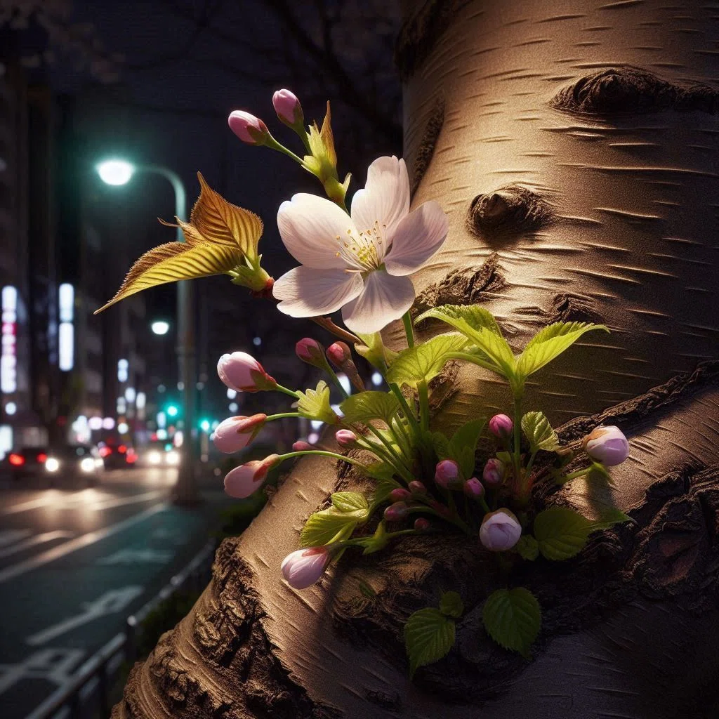 真夜中に街灯に照らされる一輪の桜の花と、数枚の葉、数個の桜の花のつぼみ。ごつごつした木の幹から伸びる小さな淡いピンク色の花が、生命の美しさを表現する自然のシーン。葉は開きかけたつぼみのように丸まっている。背景にごつごつした木の幹。夜中の都会の静けさと、幹の質感をリアルに再現。10%ほど、淡く穏やかで優しい、おとぎ話のような水彩画の描写の要素を入れて