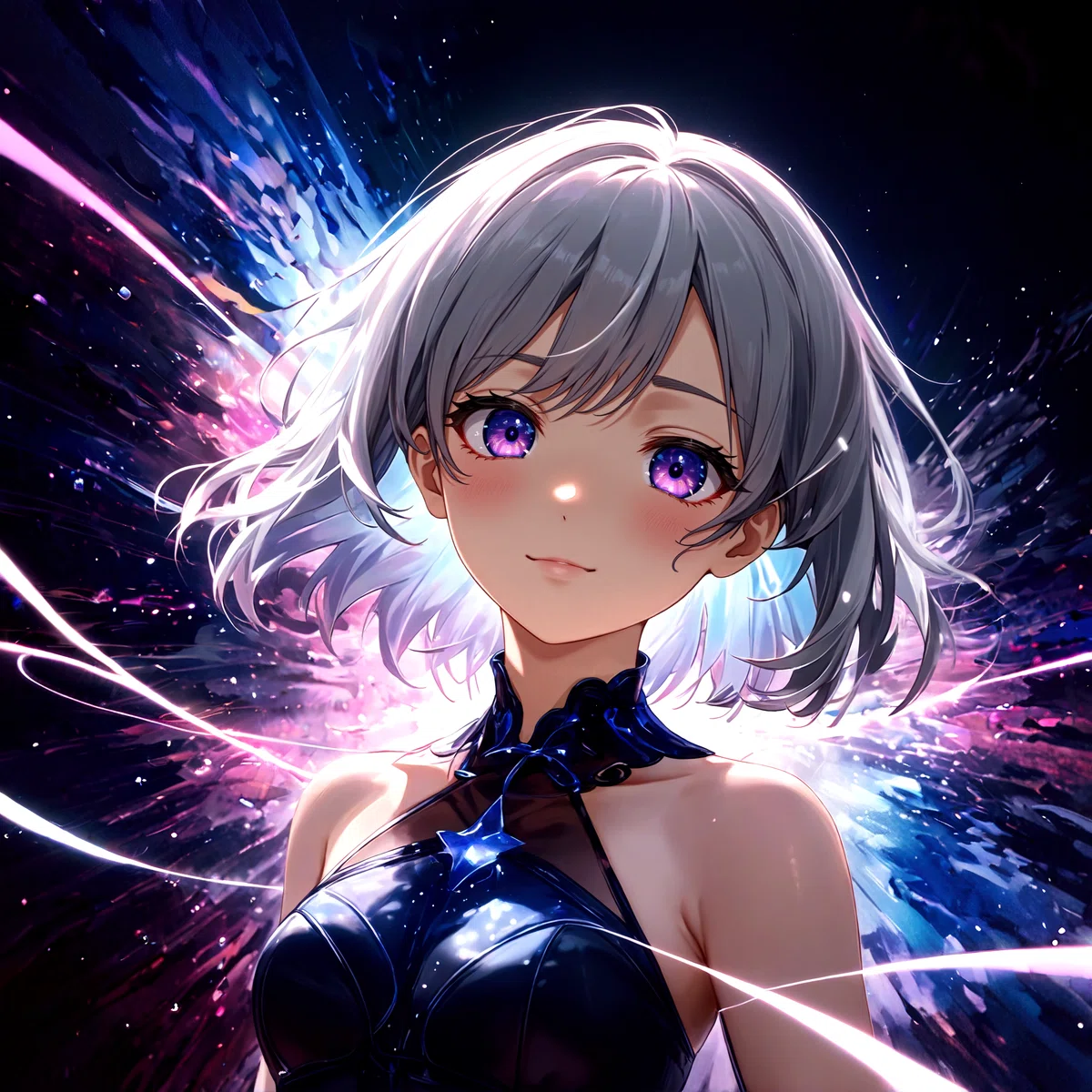 an animated female character with silver hair purple eyes and a shimmering blue and purple outfit stands against a dark background with swirling purple and blue patterns light
