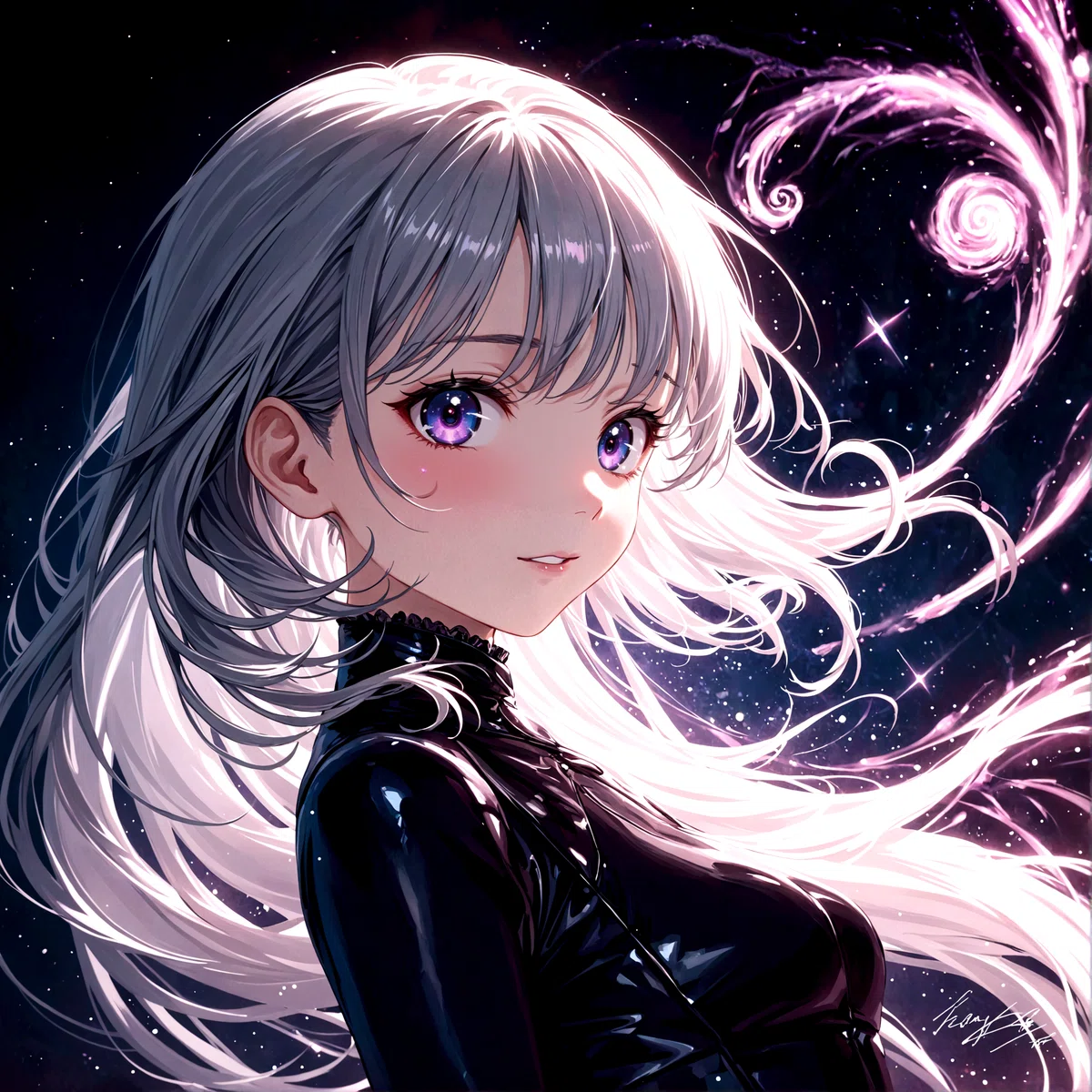 an animated female character with silver hair purple eyes and a black outfit is depicted against a dark background with swirling pink and purple patterns giving off a dreamy and ethereal ambiance