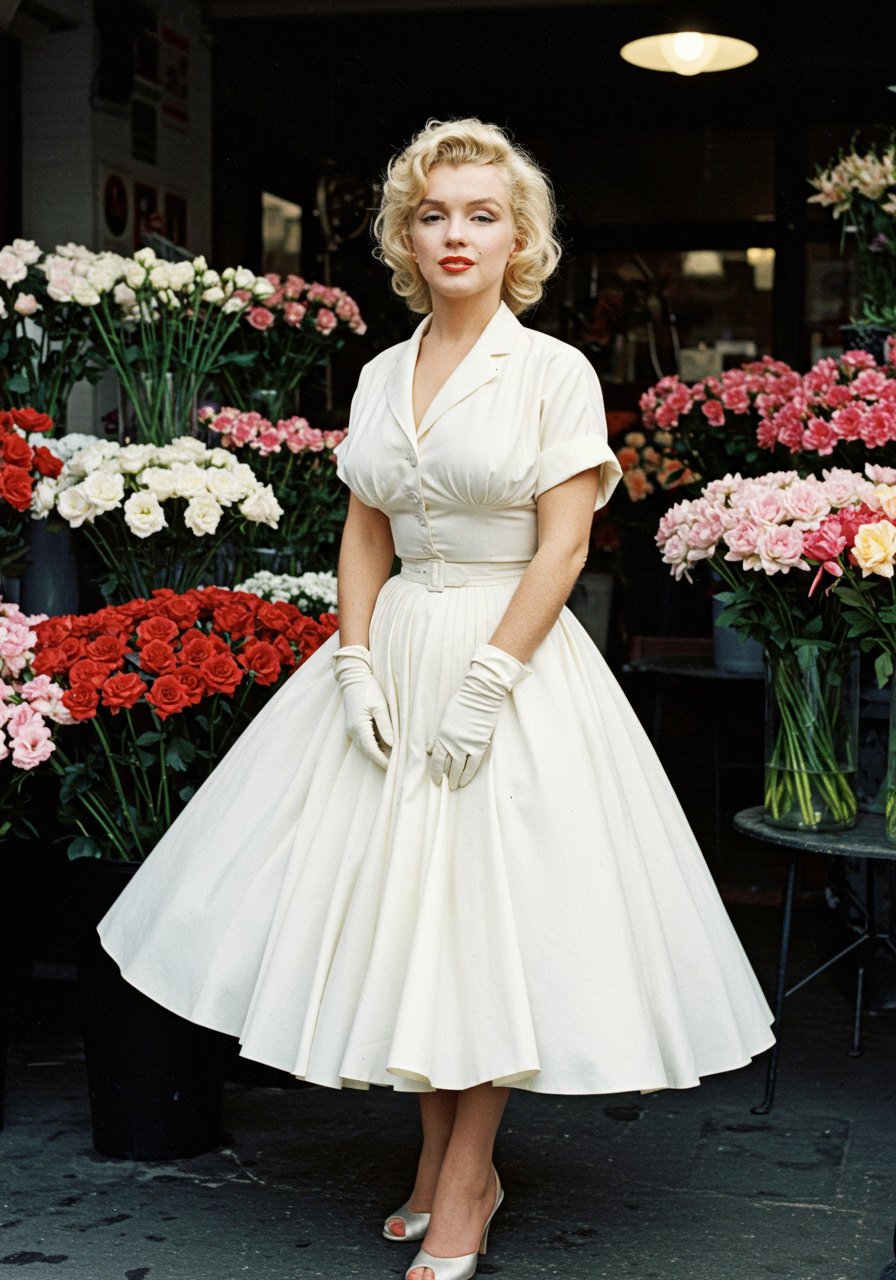 マリリン・モンローが着る1950年代ニュールック：AIで再現した優雅な