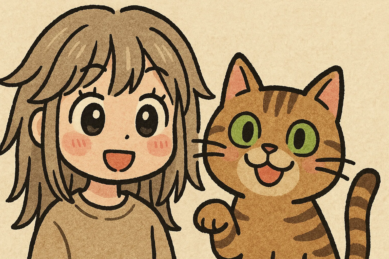GPT-4o】ほんわか手描き風「女性とトラ猫」プロンプト付きイラスト集