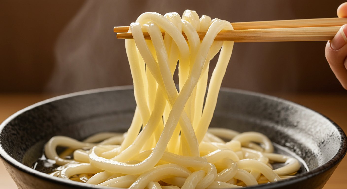 モチモチ食感のうどんが人間の本能に訴えかける様子