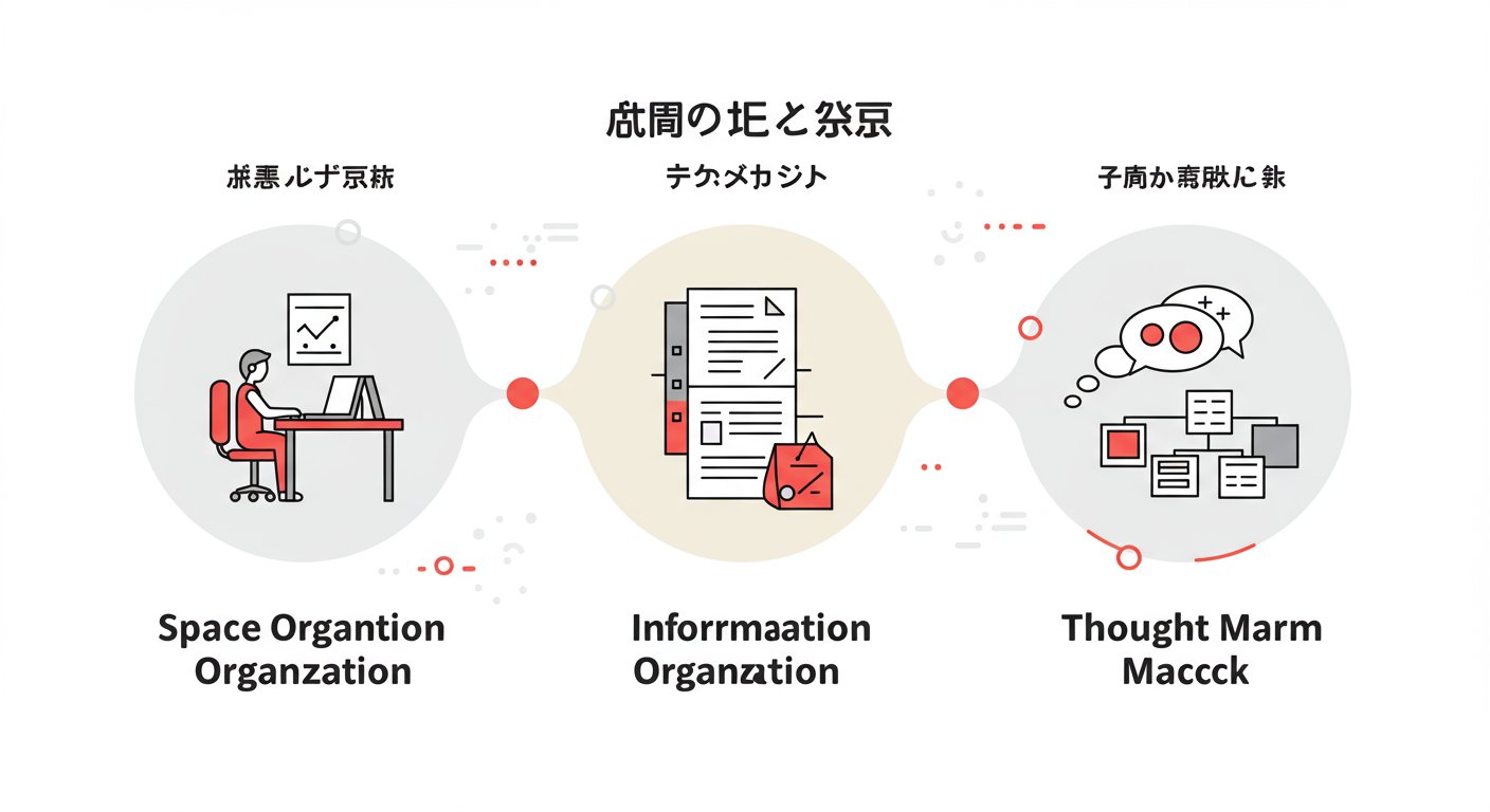 佐藤可士和の超整理術の3つのステップ:空間の整理、情報の整理、思考の整理を示す図解