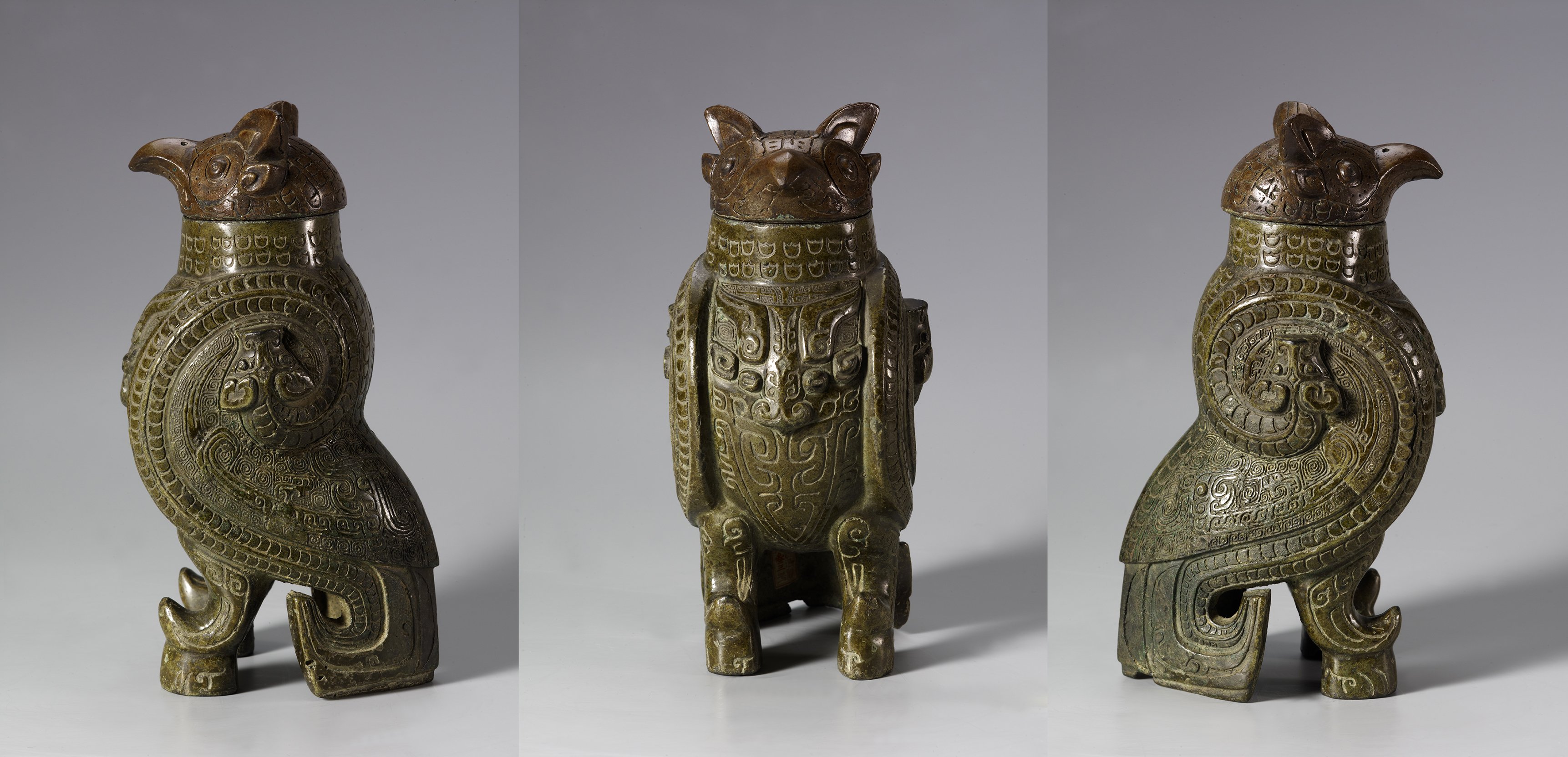 大型青銅製 金工細工 商代『婦好尊鴞』梟形の酒つぼ/オブジェ 茶道具 古美術 大型青銅製 金工細工 商代『婦好尊鴞』梟形の酒つぼ/