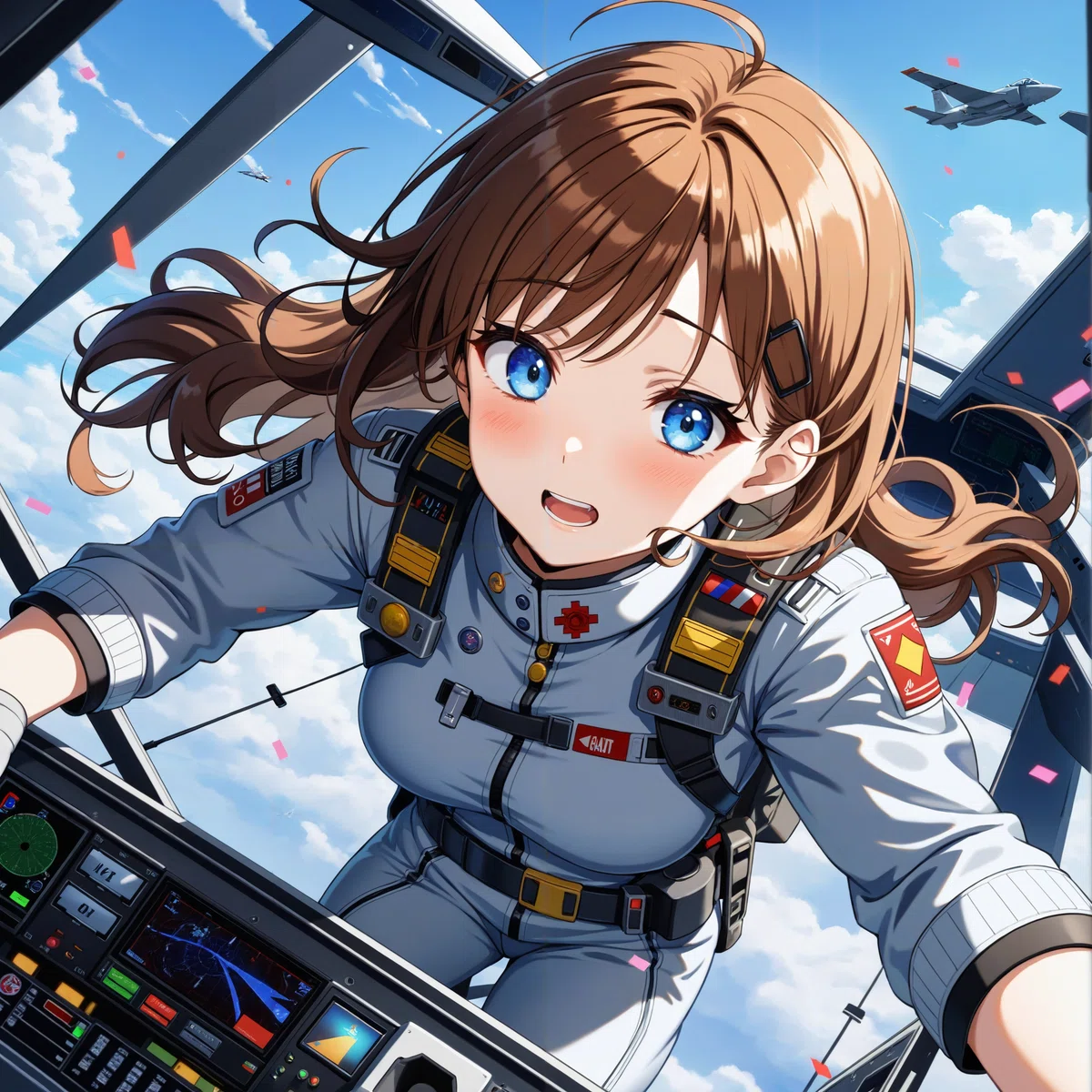 戦闘機の新人女性パイロットが慌てている様子のアニメイラスト