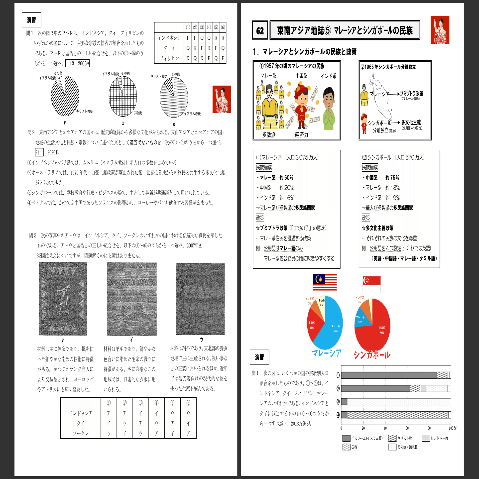 [駿台]地理(系統地理・地誌)+授業プリント、地理読図・統計問題、+αプリント 58～64 東南アジア地誌プリント #高校地理授業動画｜地理教員芸人トフィー