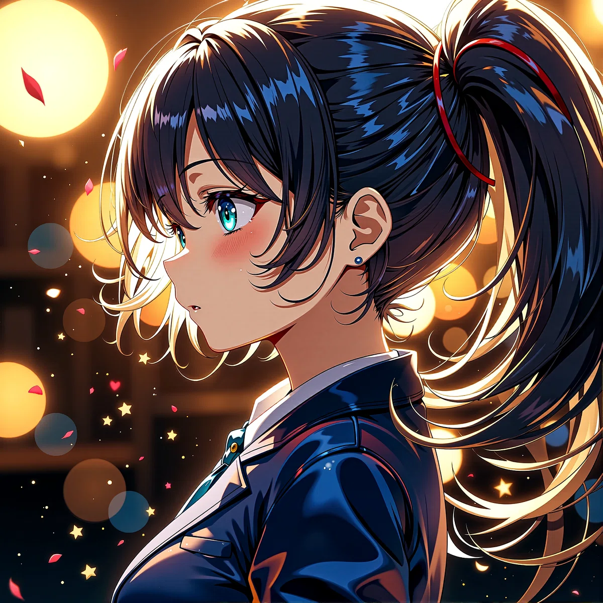 a female animated character with dark hair and blue eyes is depicted in a side profile wearing a dark blue blazer and white shirt set against a backdrop of warm and cool colors with glowing lights