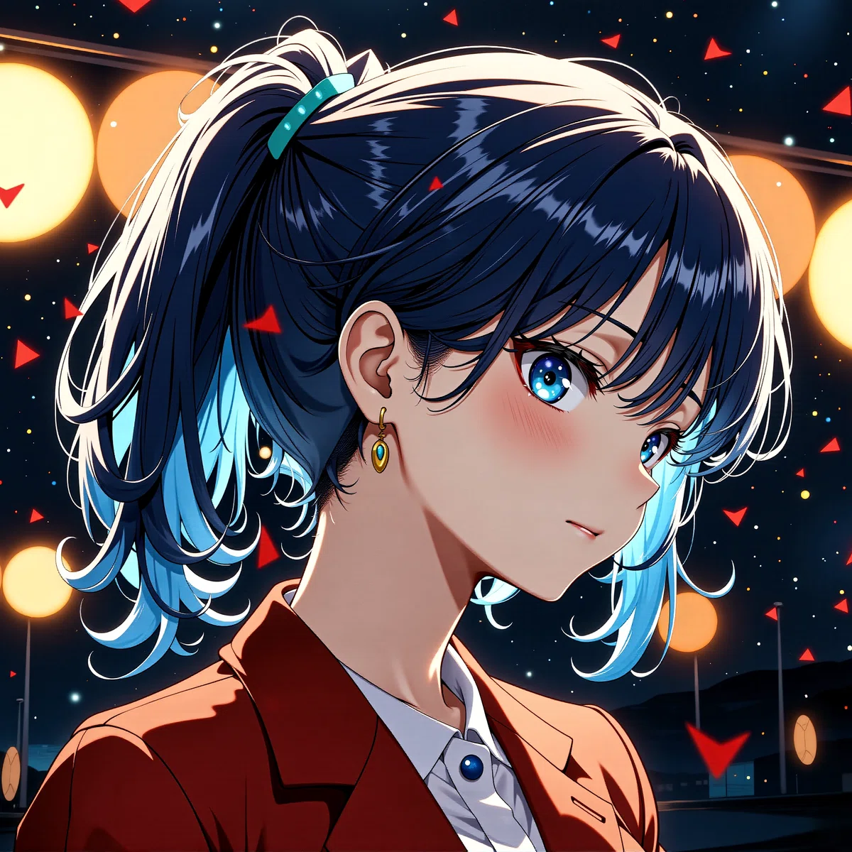 a female animated character with blue hair and eyes is depicted in a close - up portrait wearing a red blazer white shirt and blue earrings set against a dark background with glowing lights