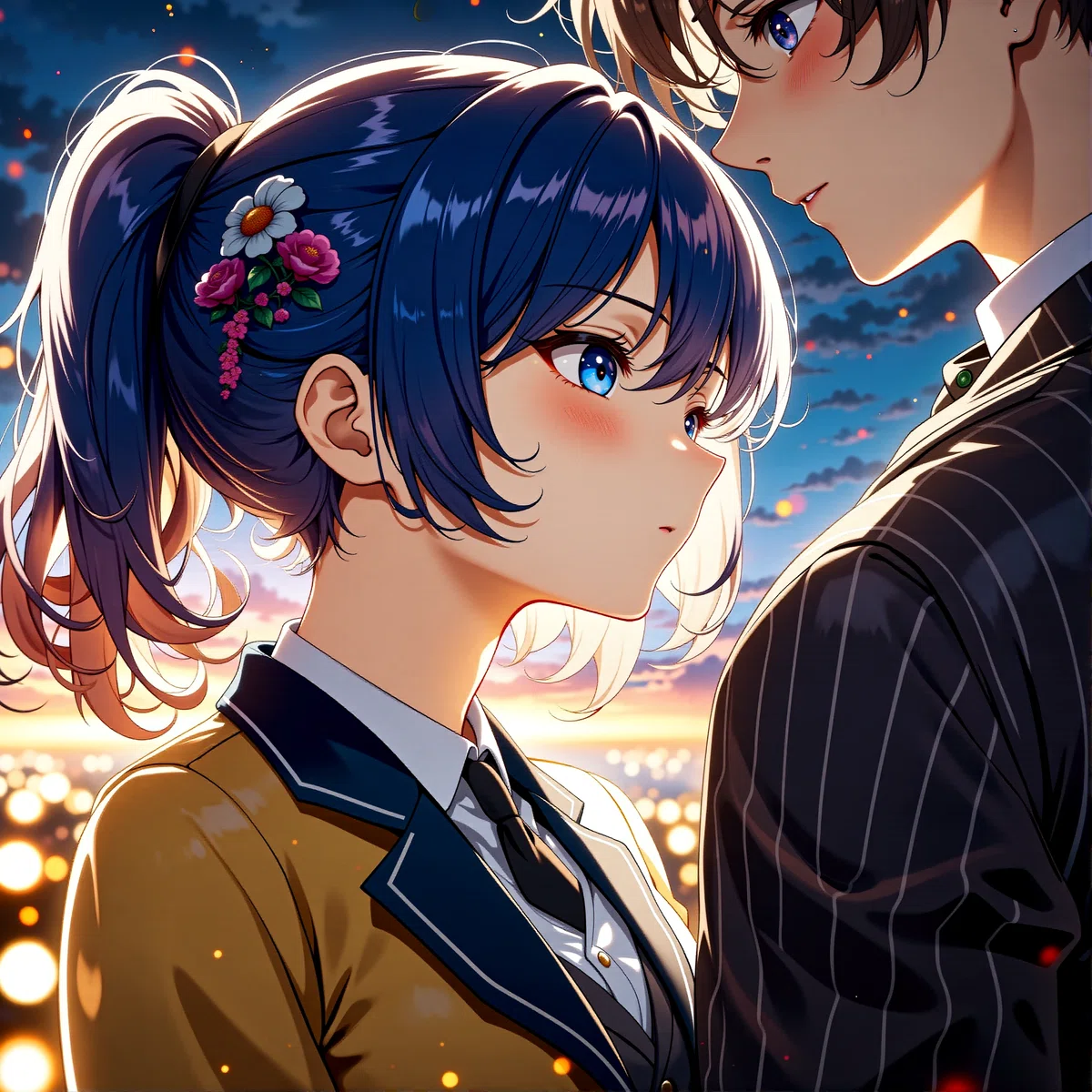 two animated characters a female with blue hair and a male with brown hair are in a close intimate pose with the female looking up at the male set against a backdrop of a sunset