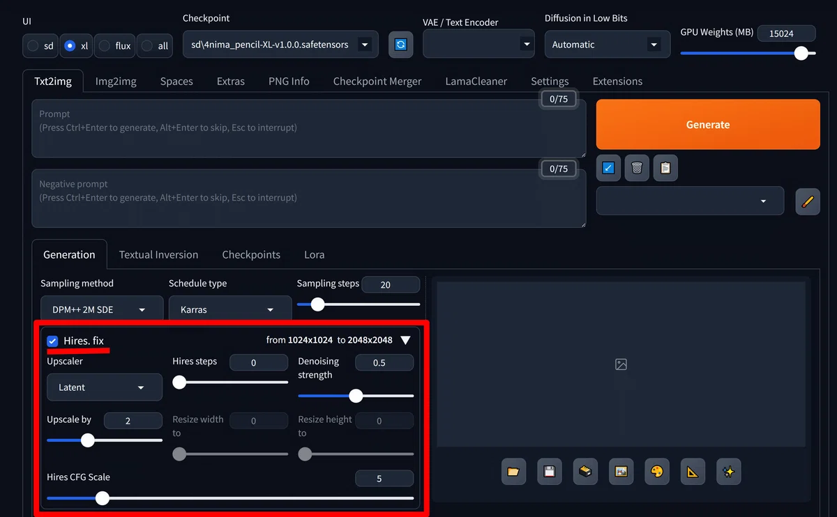 Stable Diffusion webUI Forge Hires.fix operation screen with comment