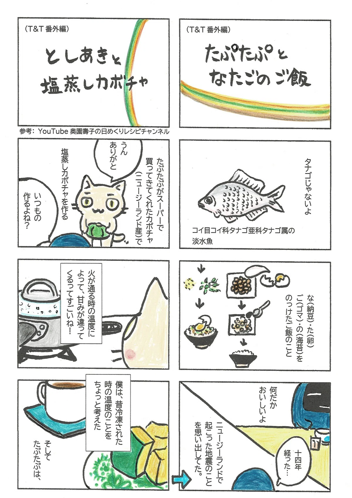 ご飯を作って食べることを主題とした番外編のマンガ。それぞれにおいしいものを紹介した結果。繋がっているけど、イレギュラーなコマ割りになった。