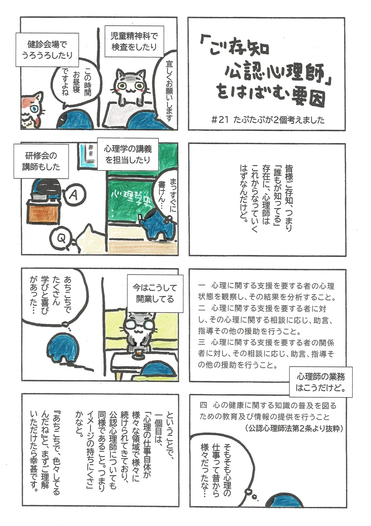 公認心理師の認知が進んでいないという調査結果を憂えたたぷたぷによる考察マンガ。「どこにいて、何をしている人なのか?」が、その活動領域と業務内容の幅広さにより端的に表せず、これというイメージが固まりにくいのが一因ではないか?が一つ目。