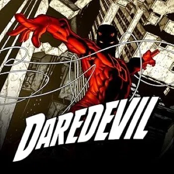 Daredevil #1(1998-2011)カバー画像切り抜き。街をバックにスイングするデアデビル。顔は暗くて見えず、ビリークラブのワイヤーが印象的