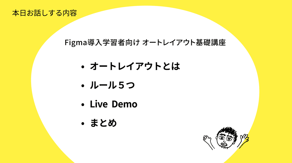 Figma導入学習者向け、オートレイアウト基礎講座・オートレイアウトとは・ルール5つ・Live Demo・まとめ