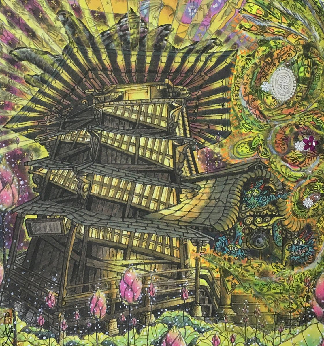 大好きな会津若松のさざえ堂を描いた「祈りスパイラル」会津総合美術展