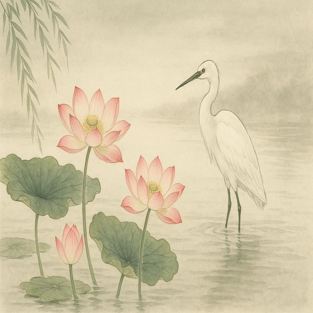 第24回 ChatGPT-4o 墨彩画風「朝の蓮池と白鷺」 ｜stoat790