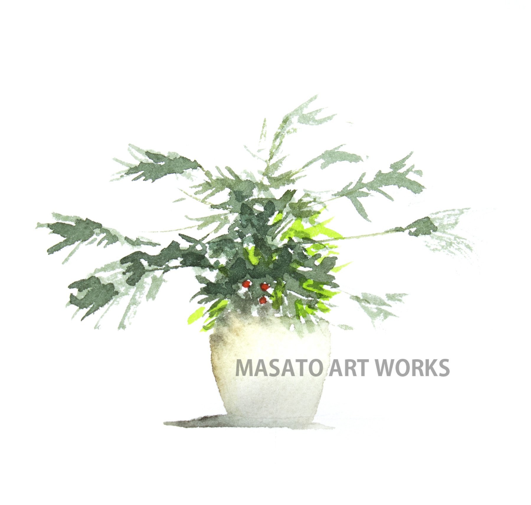 水彩アート「花と緑の花活け」1点物、手描き、真筆。 水彩アート「花と緑の花活け」1点物、手描き、真筆。 水彩アート