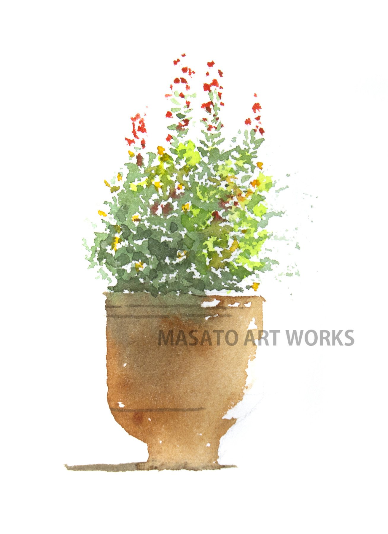 水彩アート「花と緑の花活け」1点物、手描き、真筆。 水彩アート「花と緑の花活け」1点物、手描き、真筆。 水彩アート