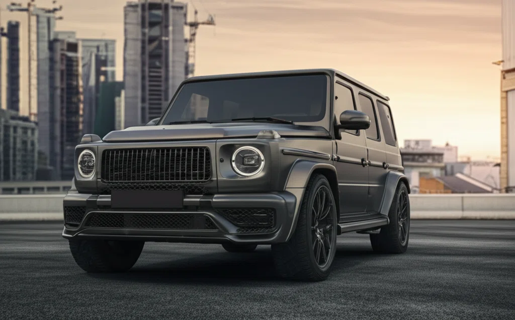 都会の夕暮れを背景に駐車されたレクサスSUV