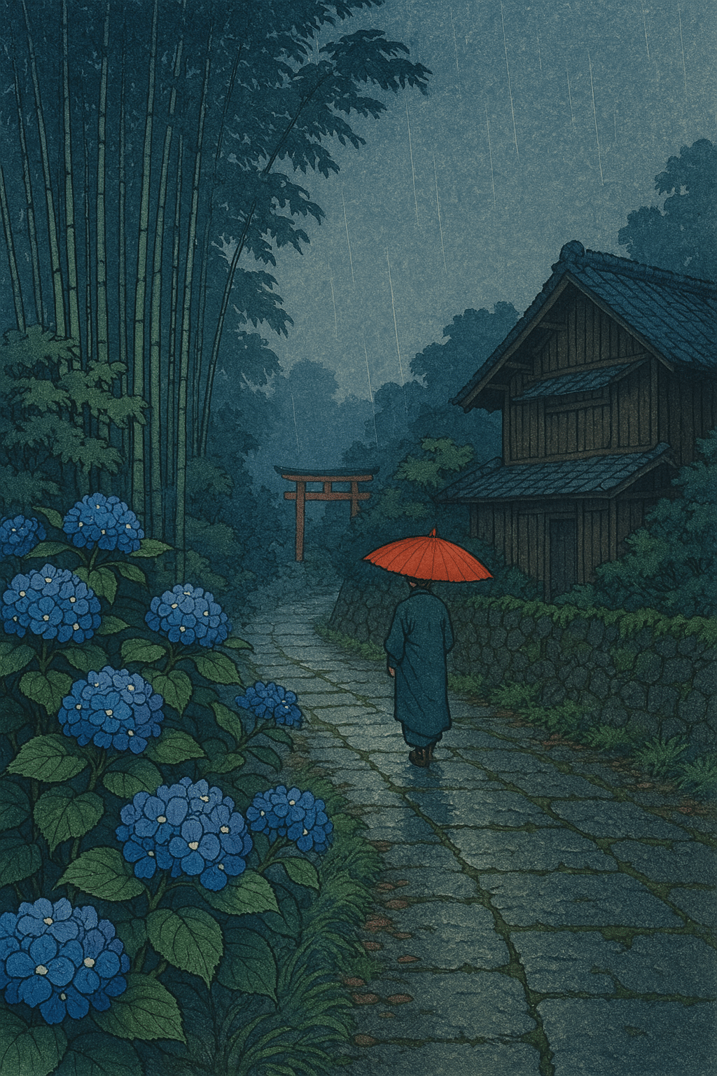 第26回 ChatGPT-4o 新版画風「紫陽花と旅人の傘」｜fine_stoat790