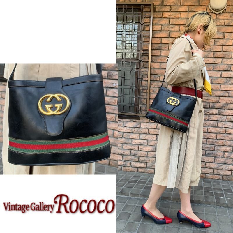OLD Gucci 70s!GG金具バケツ型ショルダー（黒）｜ビンテージ