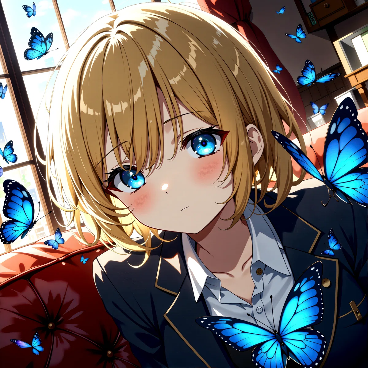 an animated female character with blonde hair and blue eyes sits in a room with large windows surrounded by blue butterflies wearing a dark blue blazer with gold buttons and a white shirt in a serene
