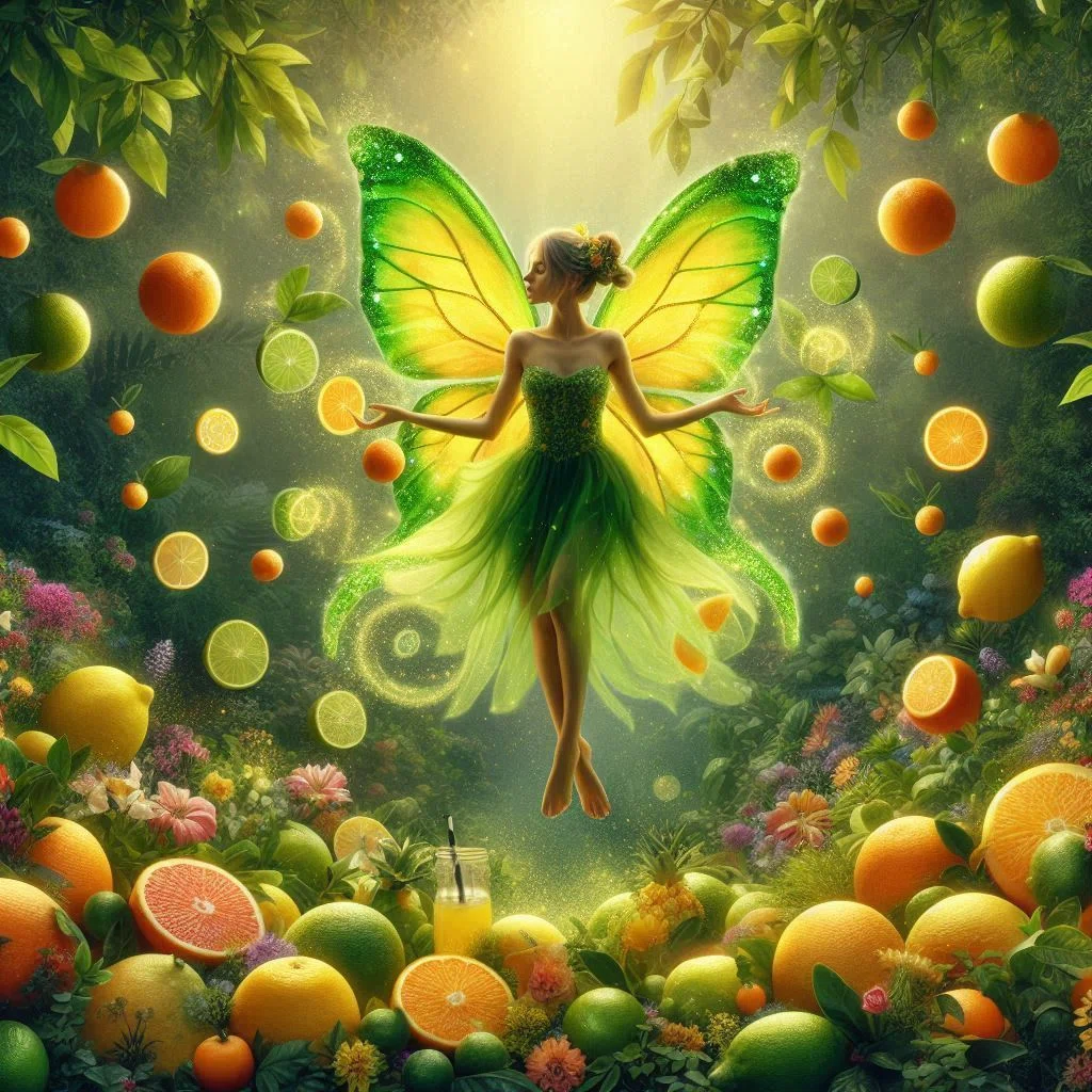 幻想的なモリの中に浮かぶ、緑の羽の大人の妖精。周りには木の葉、足元には多数のオレンジ、グレープフルーツ、ライム、レモン。シトラスでいっぱい!