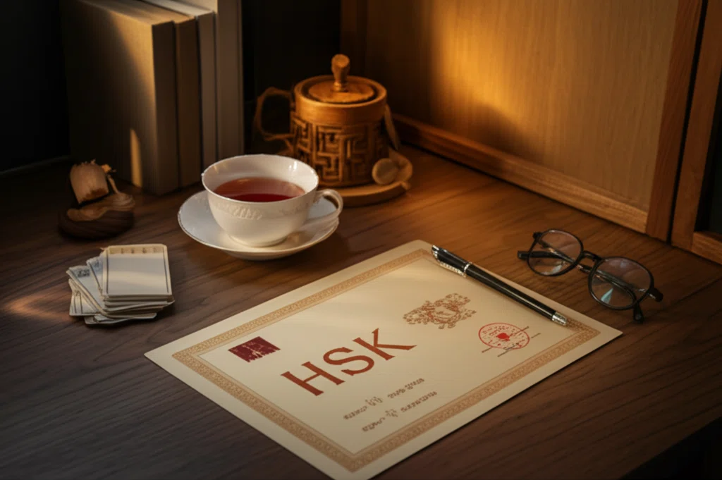 HSK試験の合格証書とシニアの学習風景