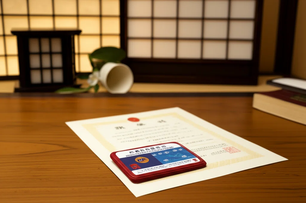 全国通訳案内士のバッジと資格証書