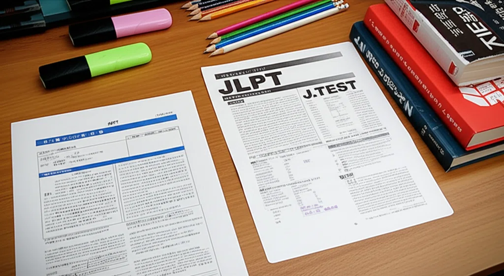 JLPT試験とJ.TEST試験の試験用紙と参考書