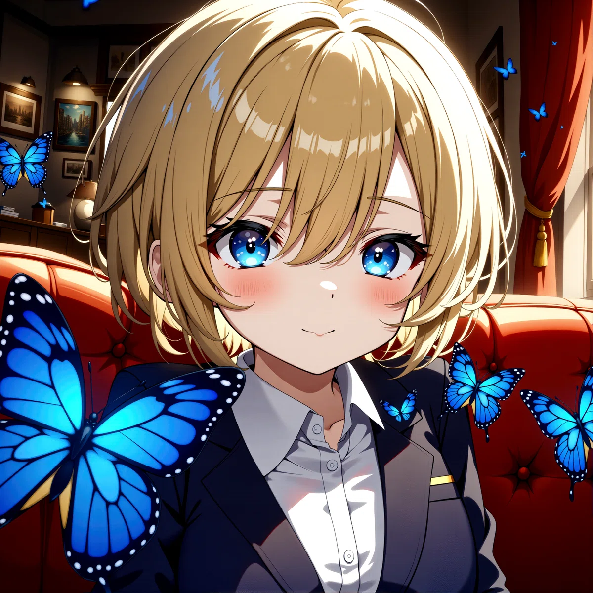 an animated female character with blonde hair and blue eyes sits in a room filled with blue butterflies wearing a white shirt and dark blazer surrounded by a warm and cozy atmosphere with a red couch