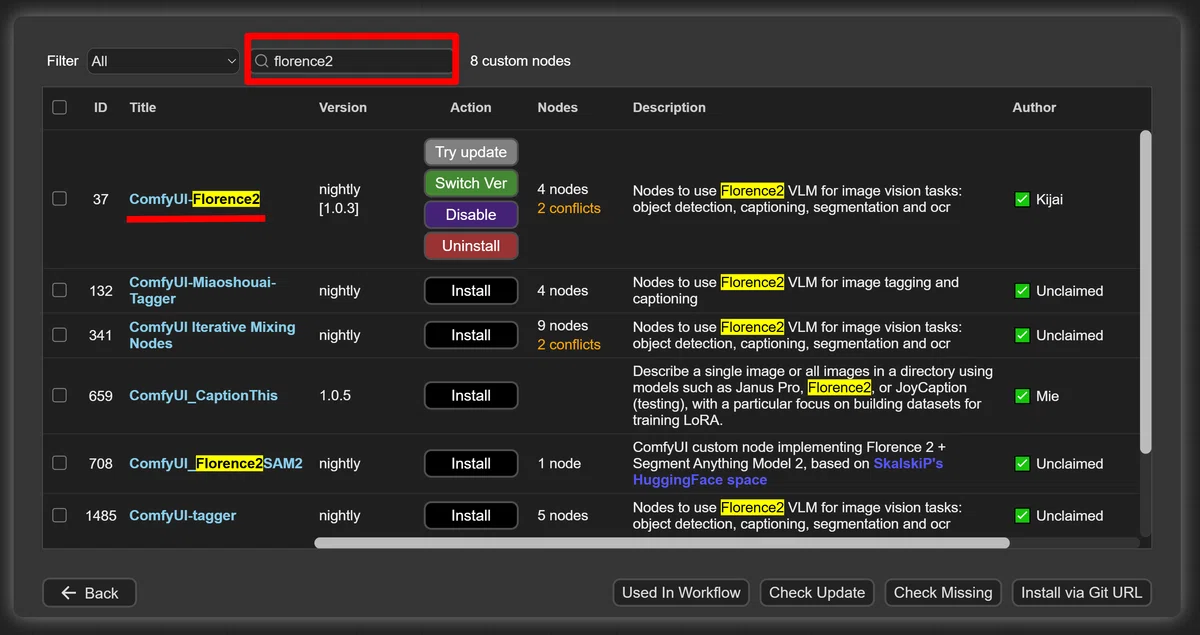 comfyui manager's florence2 search screen